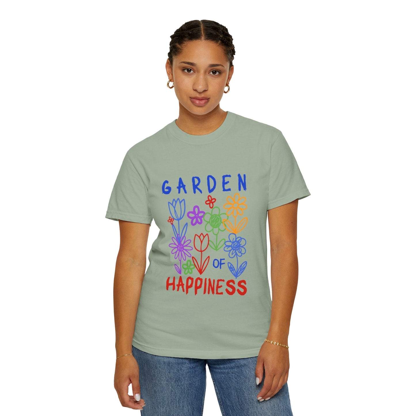 Garden of Happiness Floral Tee – Colorful Flower Graphic Shirt for Women, Cute Botanical Aesthetic T-Shirt - JennyCool