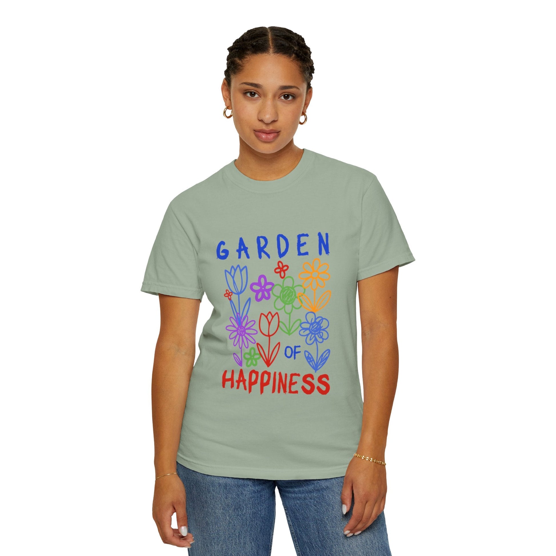 Garden of Happiness Floral Tee – Colorful Flower Graphic Shirt for Women, Cute Botanical Aesthetic T-Shirt - JennyCool
