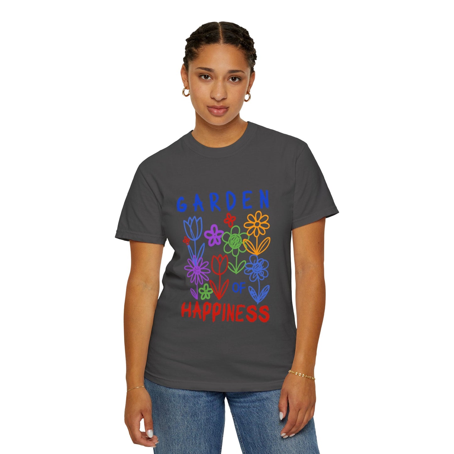 Garden of Happiness Floral Tee – Colorful Flower Graphic Shirt for Women, Cute Botanical Aesthetic T-Shirt - JennyCool