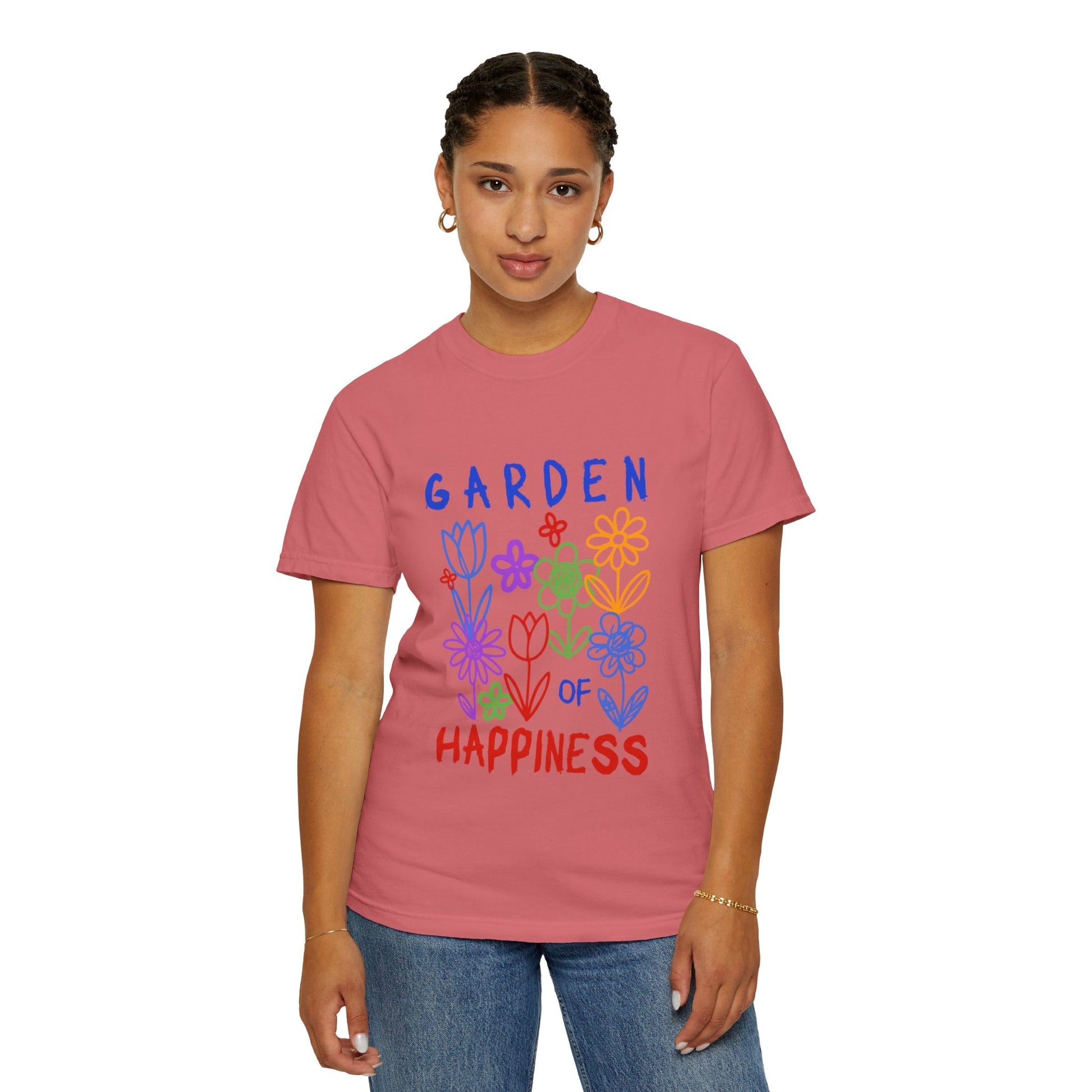 Garden of Happiness Floral Tee – Colorful Flower Graphic Shirt for Women, Cute Botanical Aesthetic T-Shirt - JennyCool