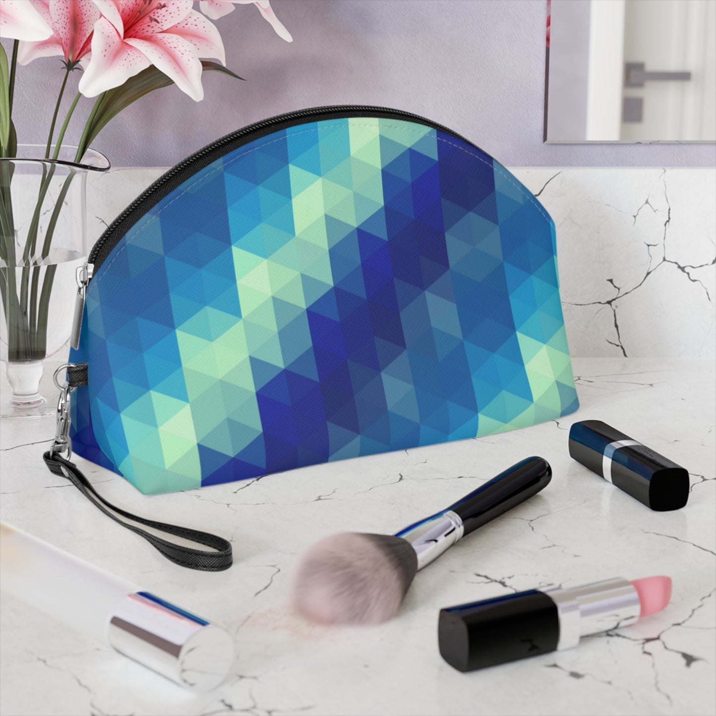 Geometric Blue Mosaic Makeup Bag — Blue Triangle Pattern Cosmetic Pouch - JennyCool
