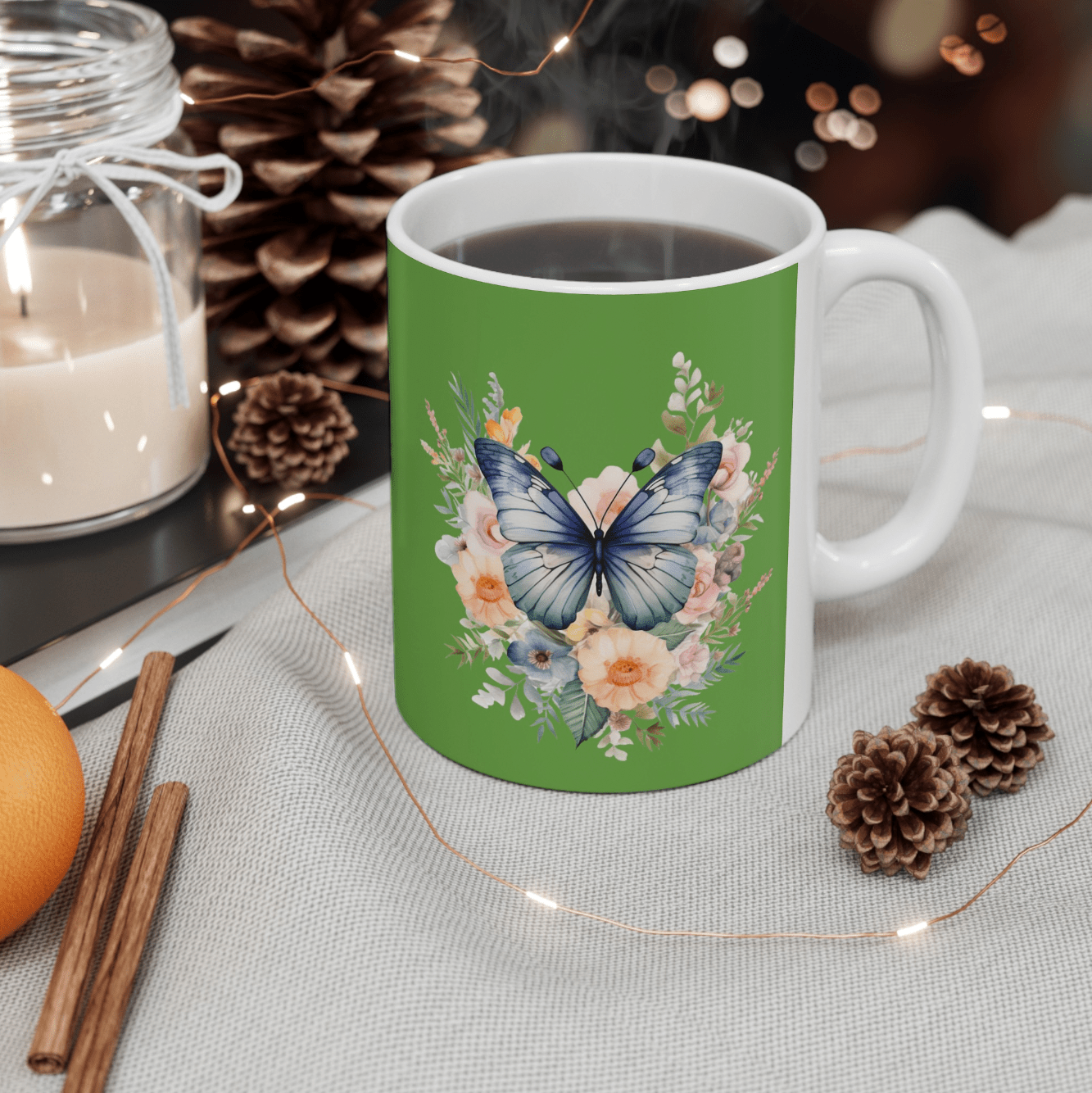 Green Ceramic Mug Butterfly, (11oz, 15oz) - JennyCool