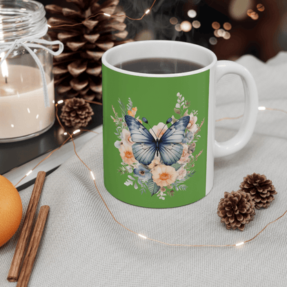 Green Ceramic Mug Butterfly, (11oz, 15oz) - JennyCool