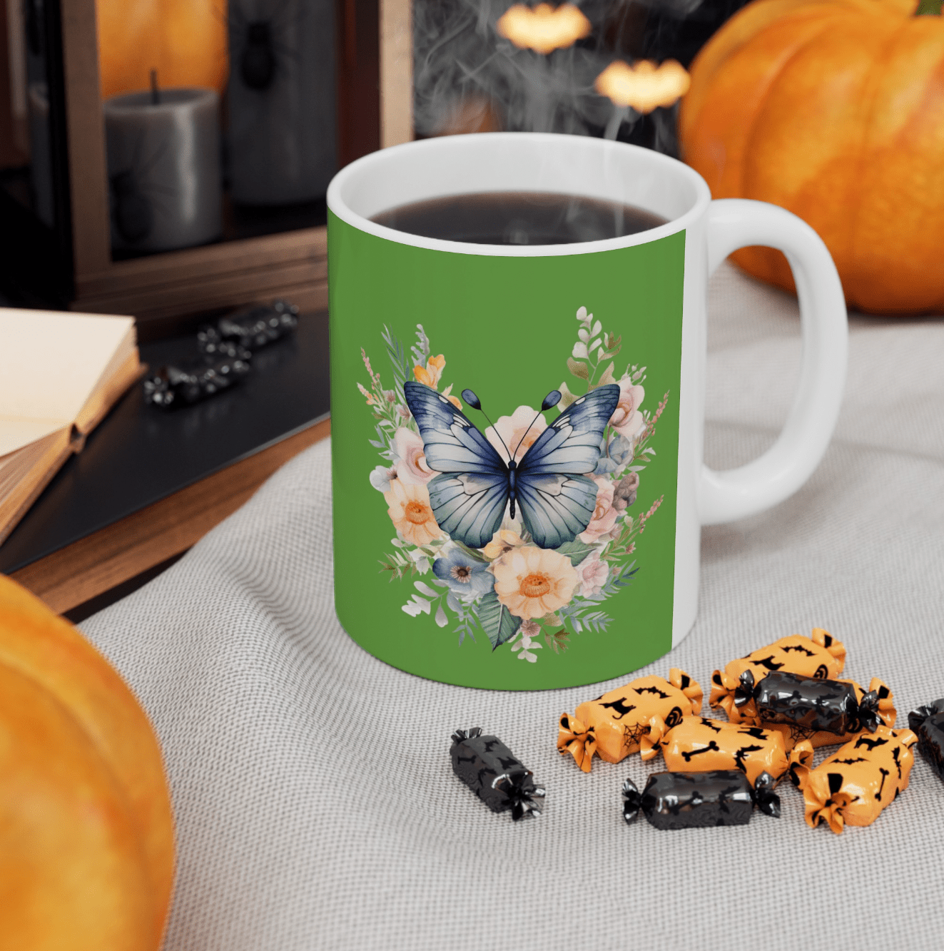 Green Ceramic Mug Butterfly, (11oz, 15oz) - JennyCool