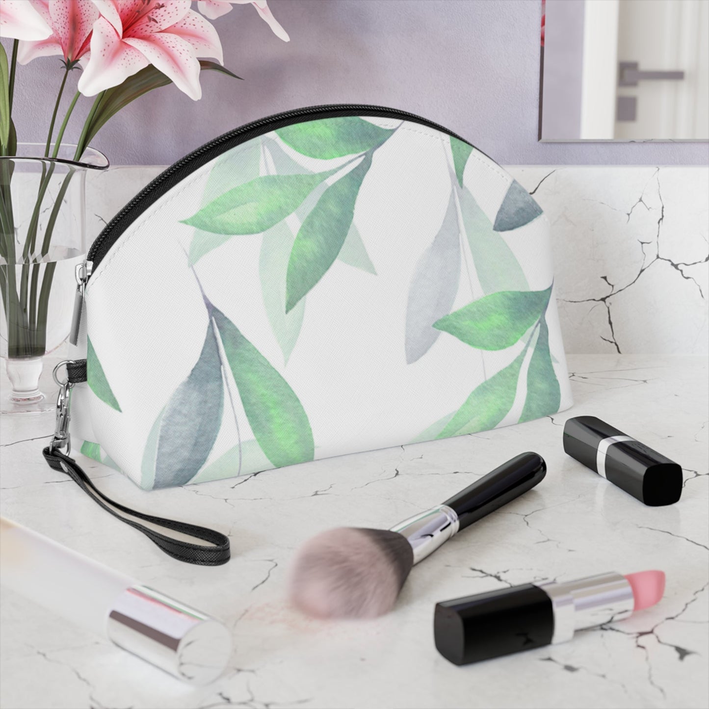 Green Leaf Makeup Bag - Botanical Cosmetic Pouch, Watercolor Leaf Toiletry Case - JennyCool