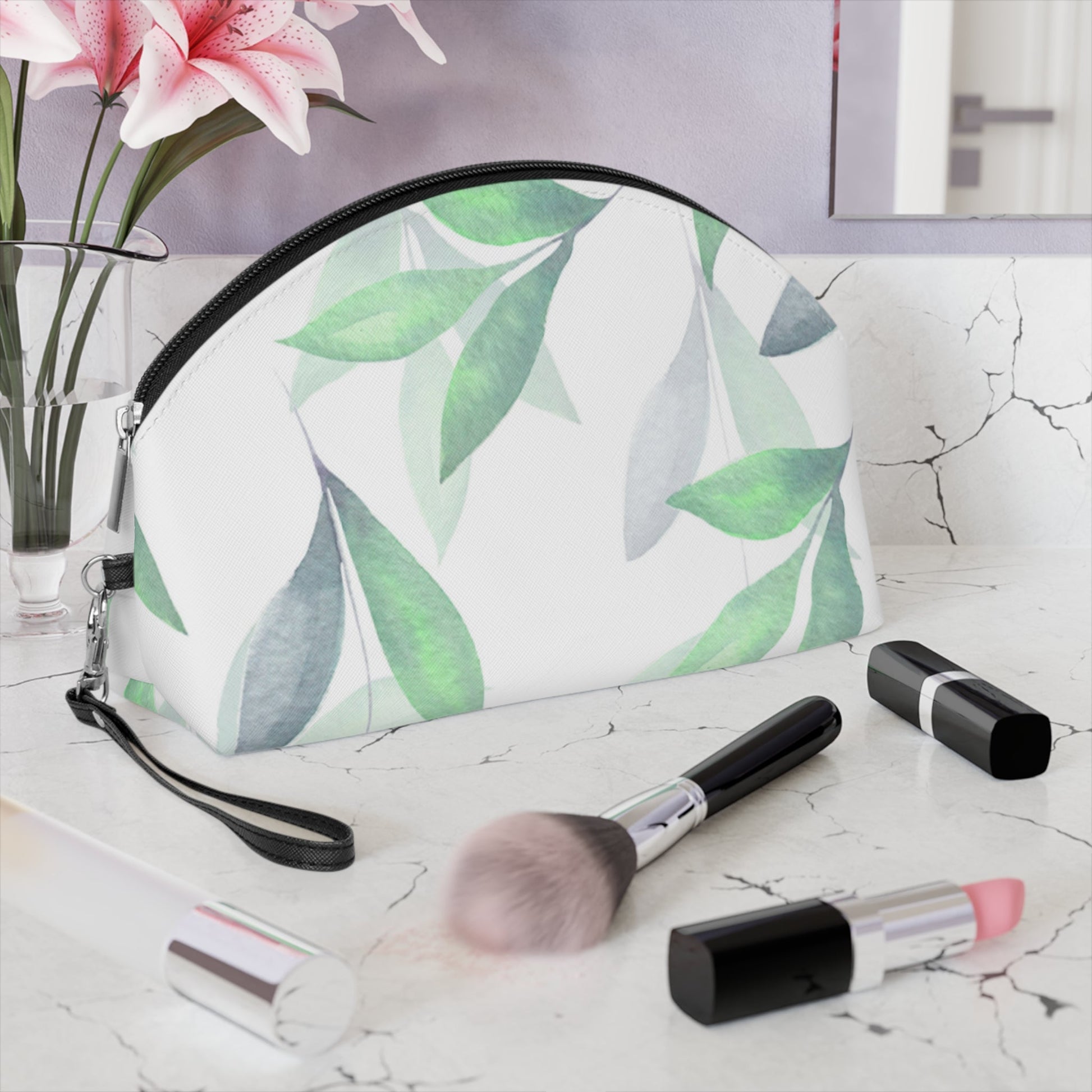 Green Leaf Makeup Bag - Botanical Cosmetic Pouch, Watercolor Leaf Toiletry Case - JennyCool