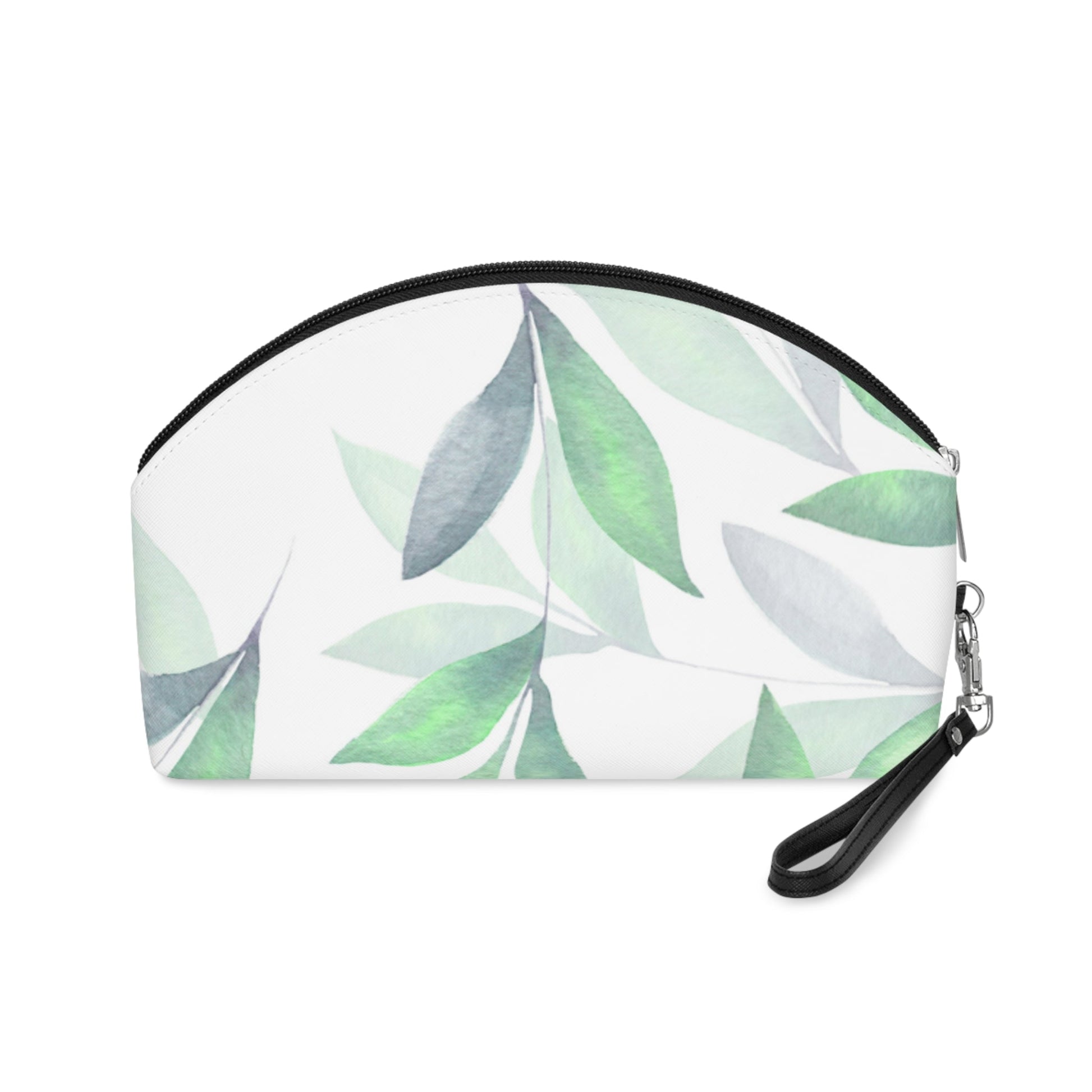 Green Leaf Makeup Bag - Botanical Cosmetic Pouch, Watercolor Leaf Toiletry Case - JennyCool
