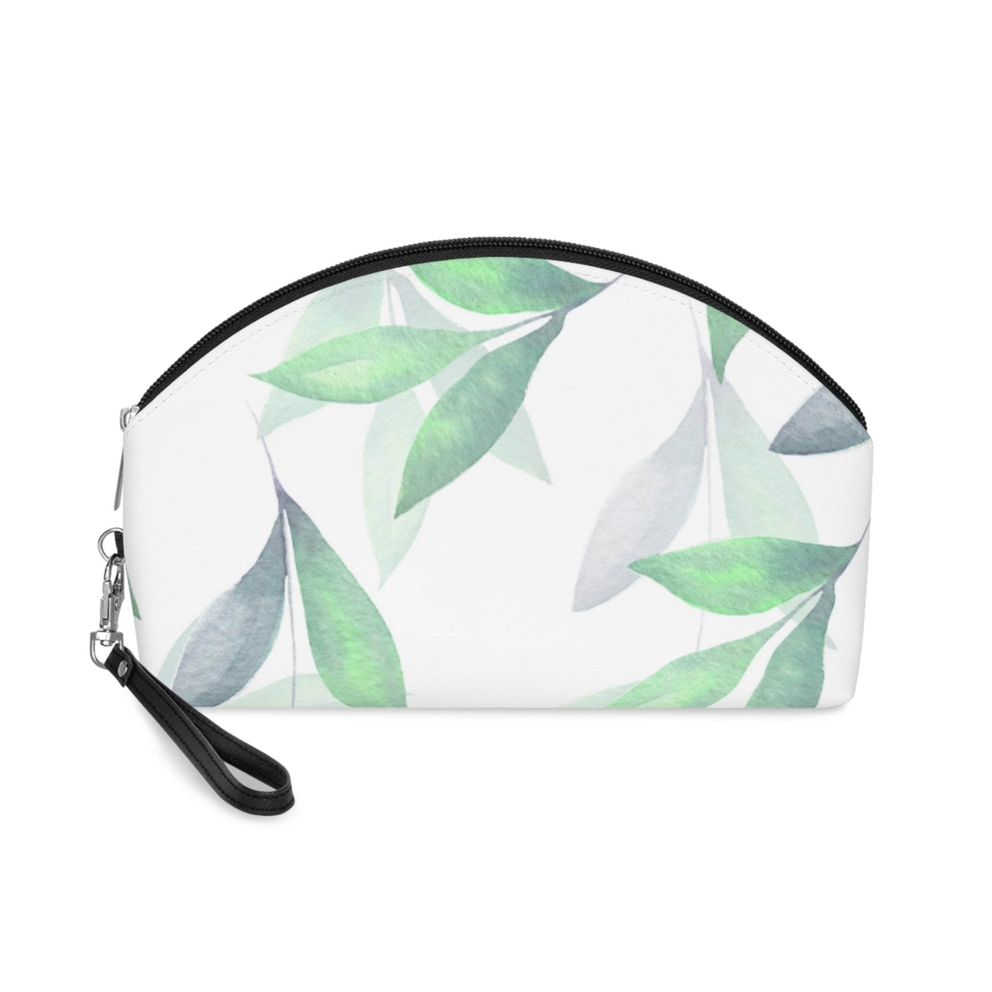 Green Leaf Makeup Bag - Botanical Cosmetic Pouch, Watercolor Leaf Toiletry Case - JennyCool