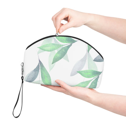 Green Leaf Makeup Bag - Botanical Cosmetic Pouch, Watercolor Leaf Toiletry Case - JennyCool
