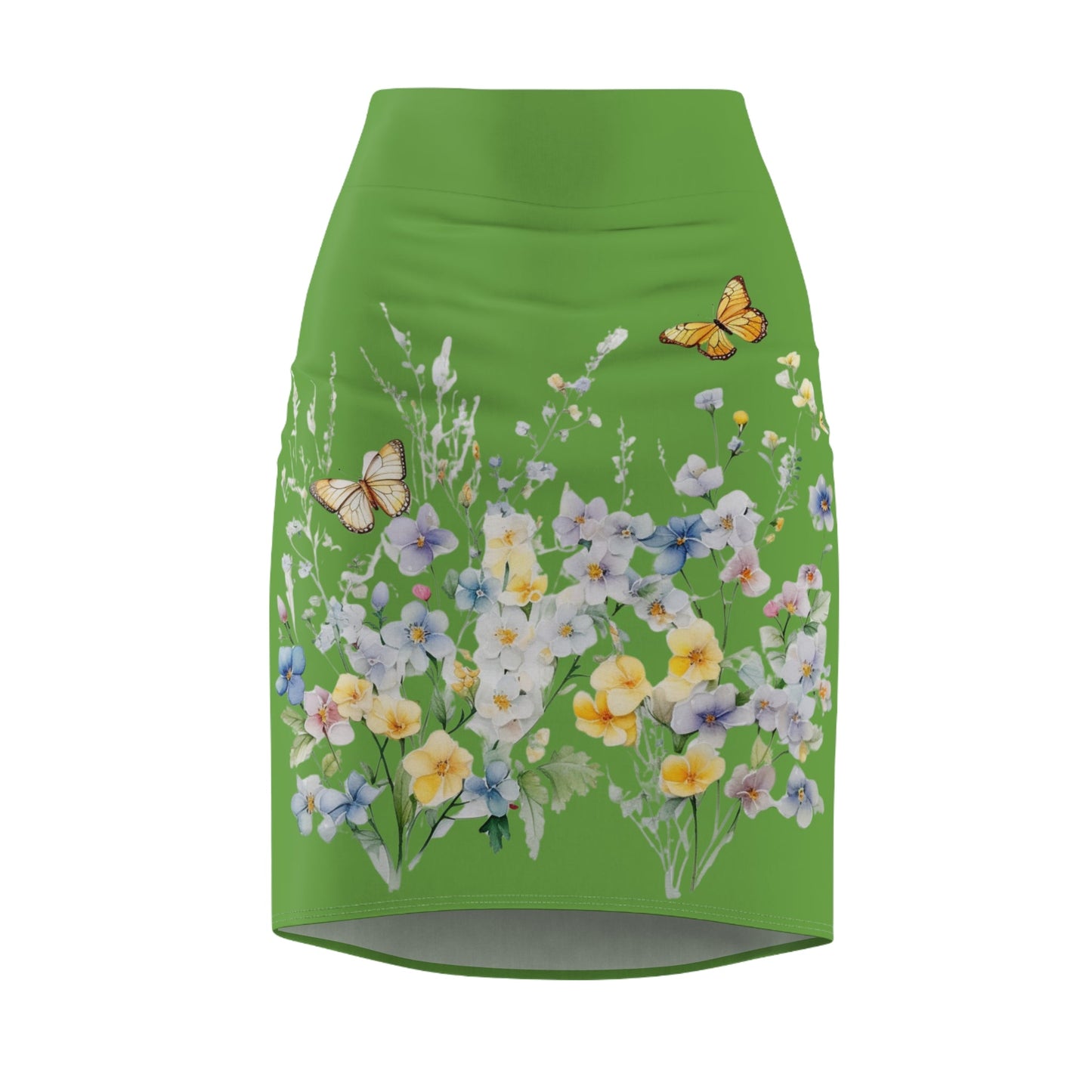 Green Women's Pencil Skirt (AOP) with Spring Flowers and Butterfly - JennyCool