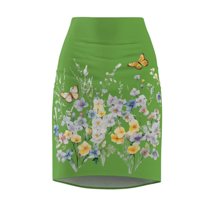 Green Women's Pencil Skirt (AOP) with Spring Flowers and Butterfly - JennyCool