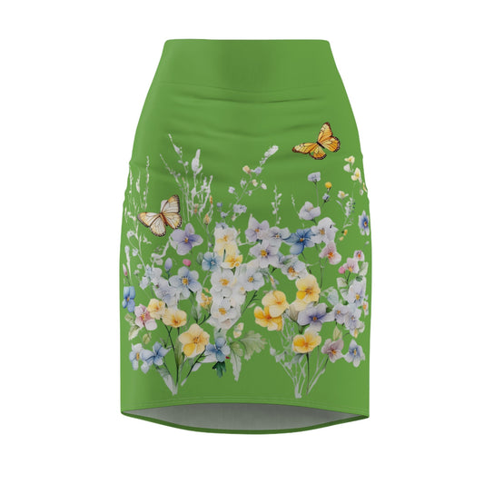 Green Women's Pencil Skirt (AOP) with Spring Flowers and Butterfly - JennyCool
