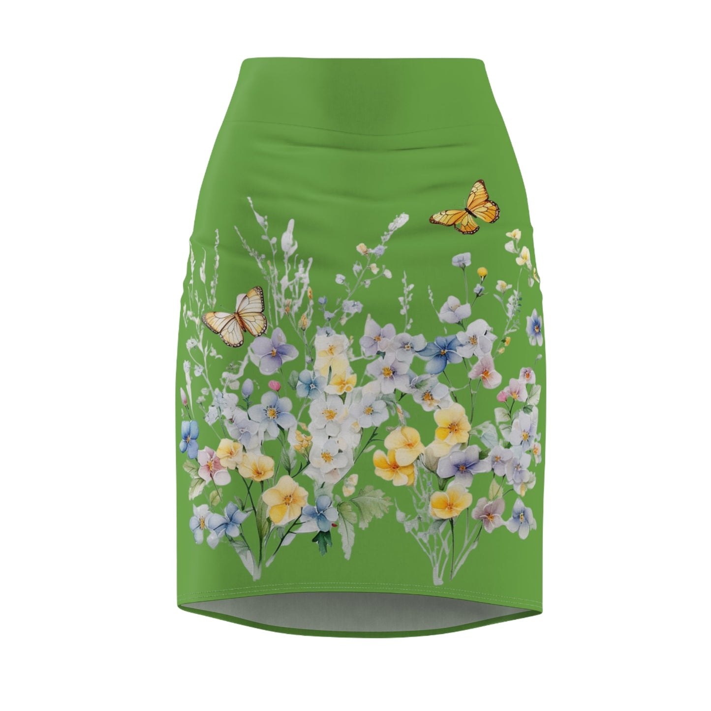 Green Women's Pencil Skirt (AOP) with Spring Flowers and Butterfly - JennyCool