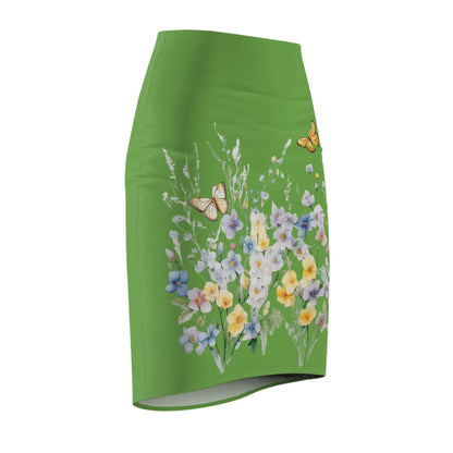 Green Women's Pencil Skirt (AOP) with Spring Flowers and Butterfly - JennyCool