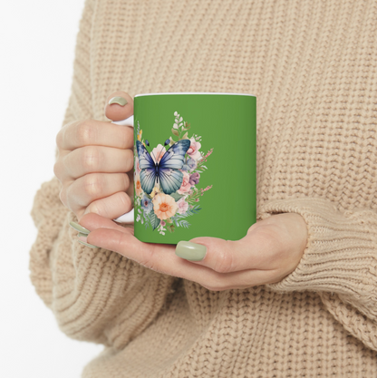 Green Ceramic Mug Butterfly, (11oz, 15oz)