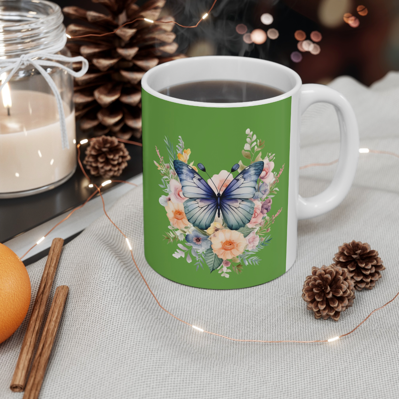 Green Ceramic Mug Butterfly, (11oz, 15oz)