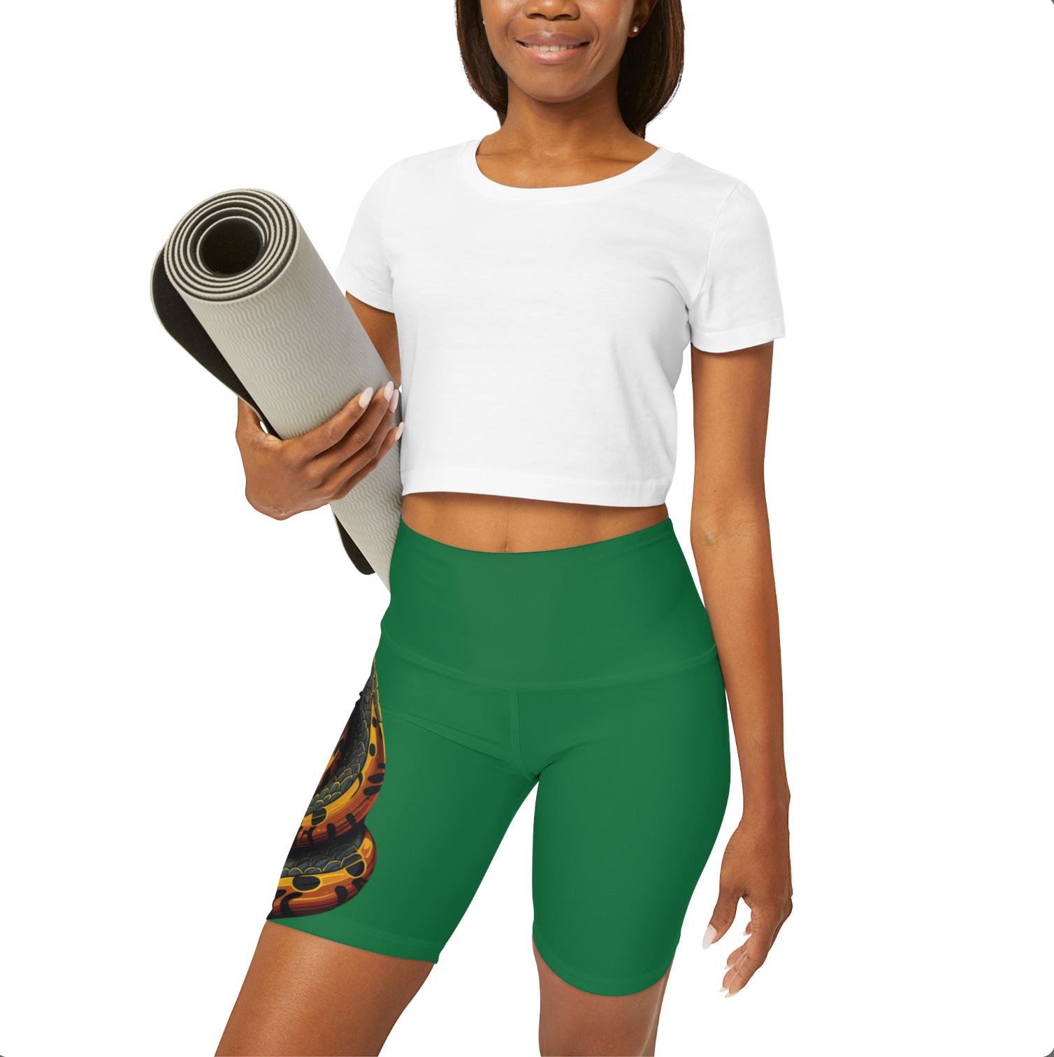 High Waisted Green Yoga Shorts (AOP) with a Snake design