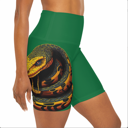 High Waisted Green Yoga Shorts (AOP) with a Snake design