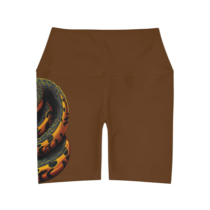 High Waisted Brown Yoga Shorts (AOP) with a Snake design - JennyCool