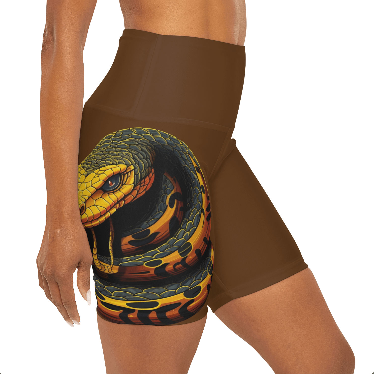 High Waisted Brown Yoga Shorts (AOP) with a Snake design - JennyCool