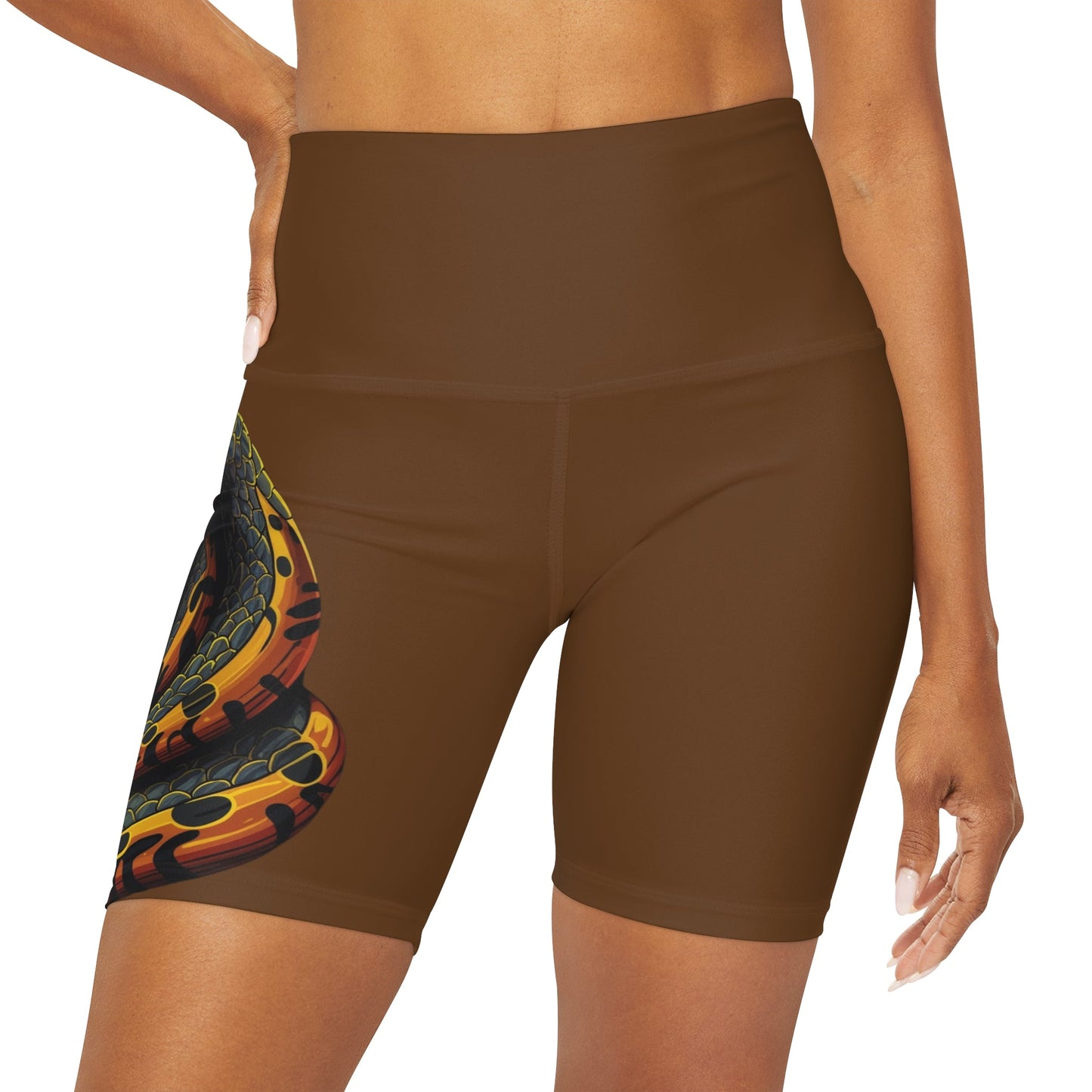 High Waisted Brown Yoga Shorts (AOP) with a Snake design - JennyCool