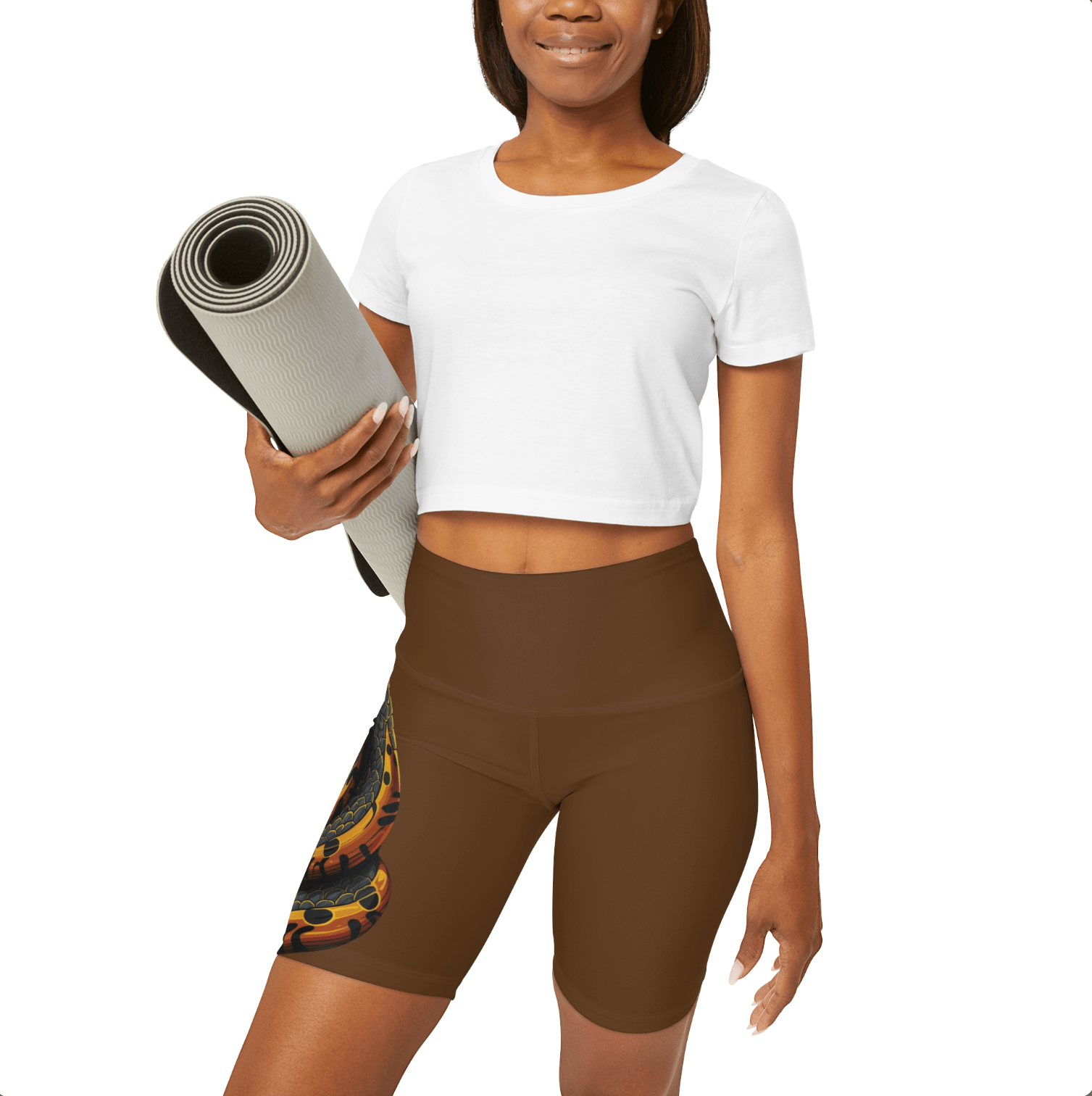 High Waisted Brown Yoga Shorts (AOP) with a Snake design - JennyCool
