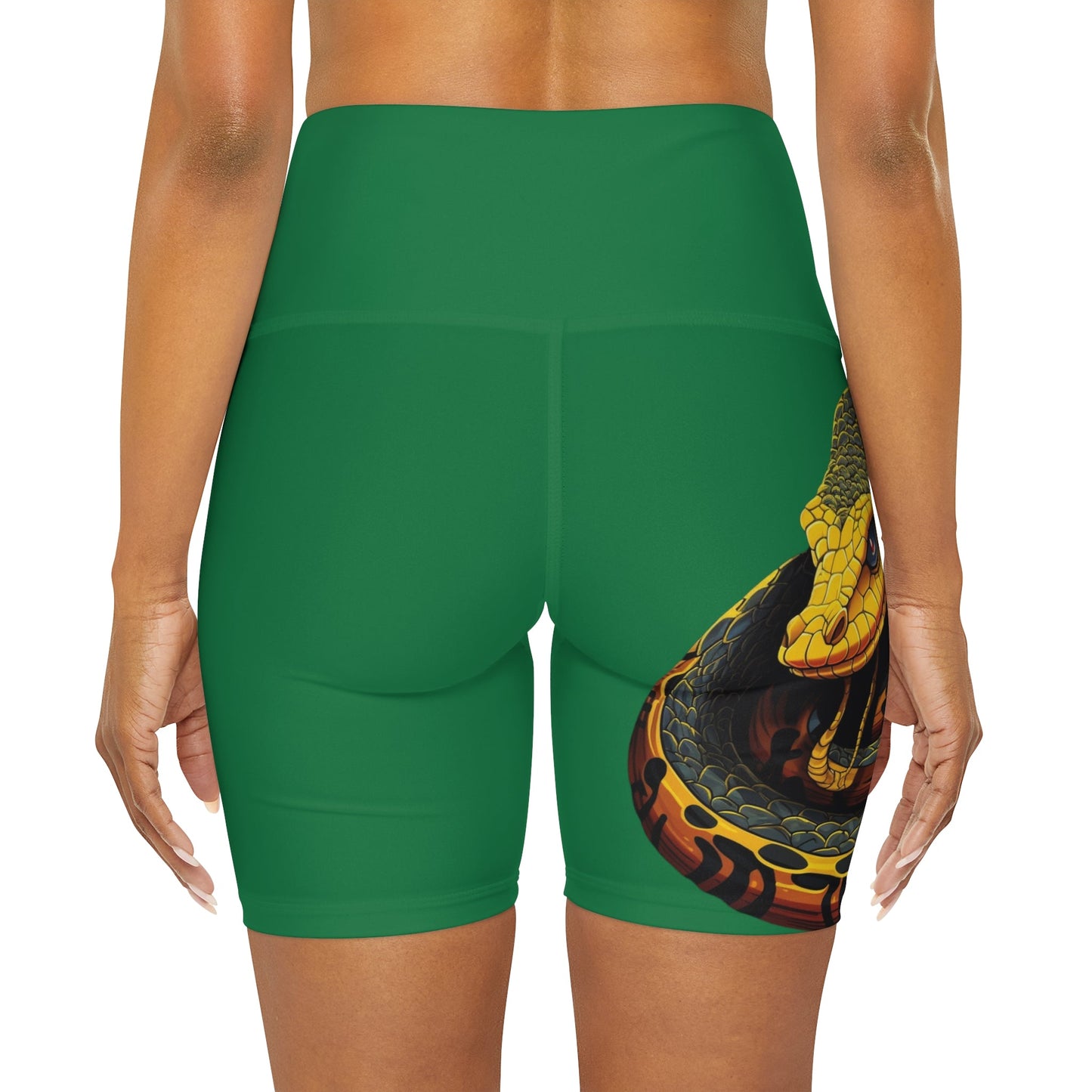 High Waisted Green Yoga Shorts (AOP) with a Snake design - JennyCool