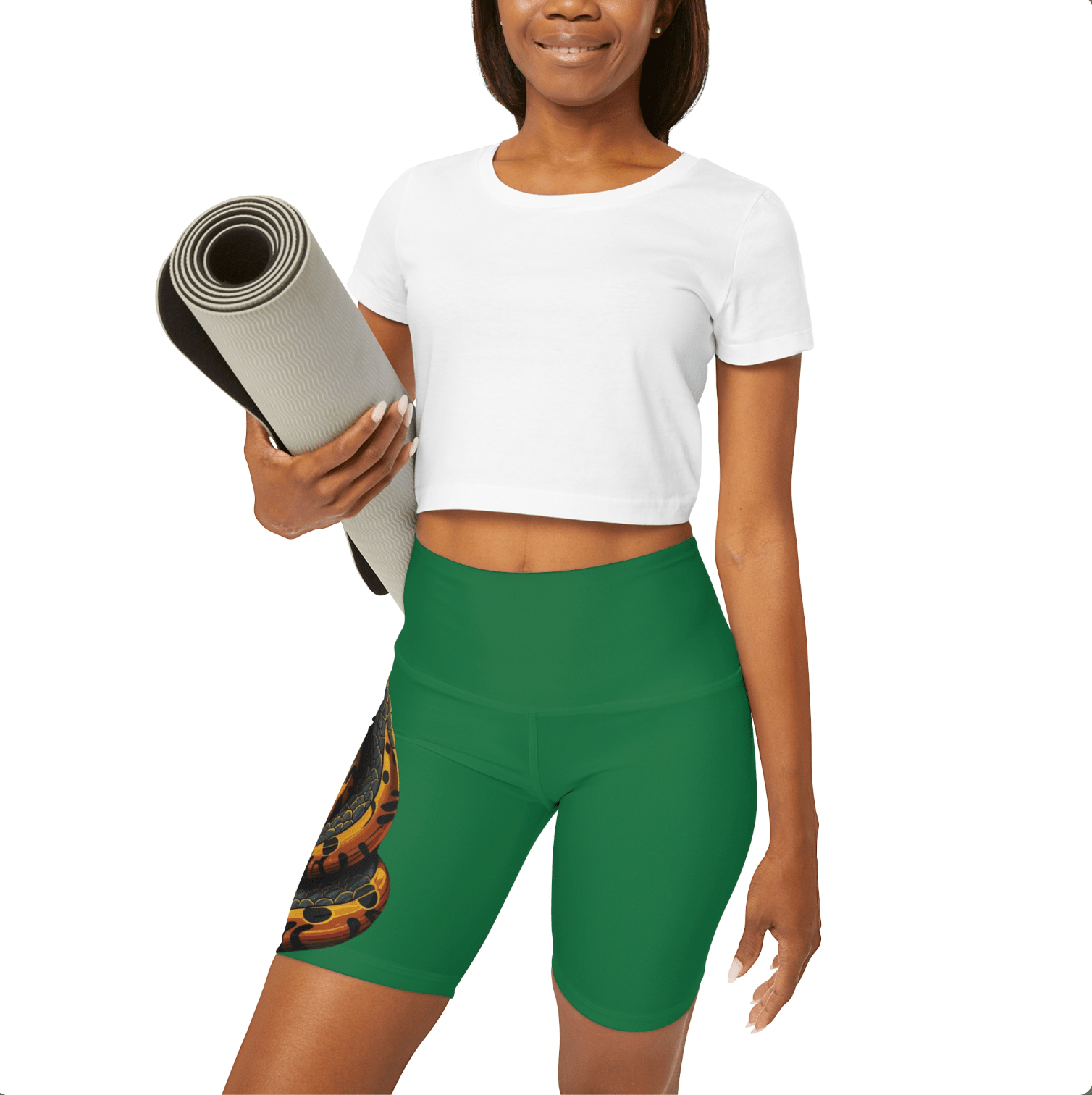 High Waisted Green Yoga Shorts (AOP) with a Snake design - JennyCool