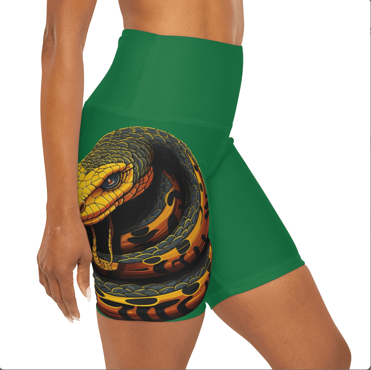 High Waisted Green Yoga Shorts (AOP) with a Snake design - JennyCool