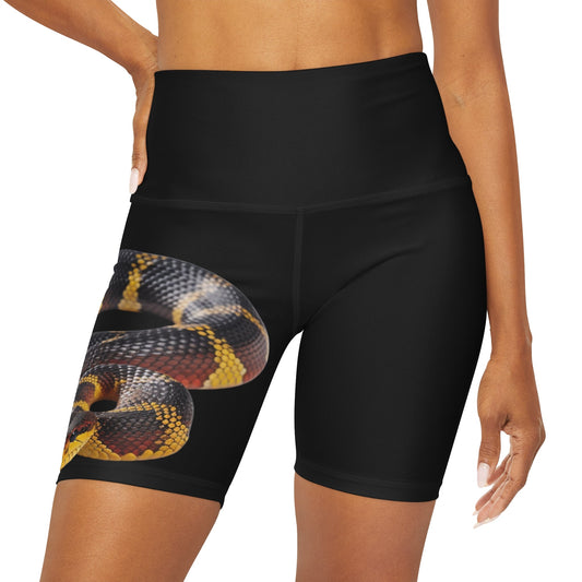 High Waisted Red Yoga Shorts (AOP) Black Color with a Snake design - JennyCool