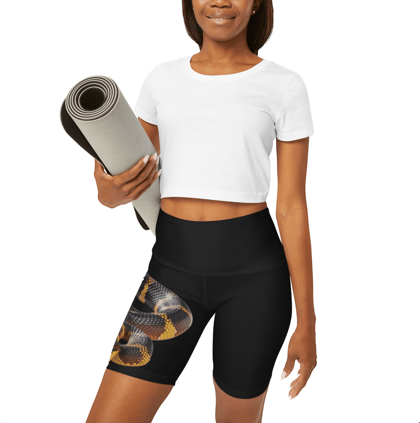 High Waisted Red Yoga Shorts (AOP) Black Color with a Snake design - JennyCool