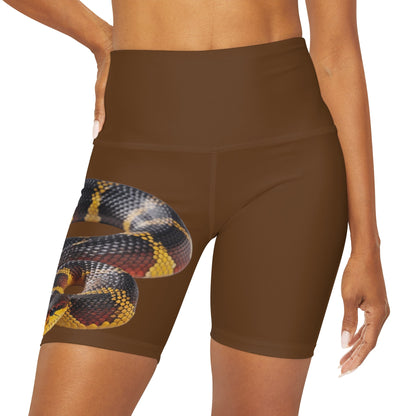 High Waisted Red Yoga Shorts (AOP) Brown Color with a Snake design - JennyCool