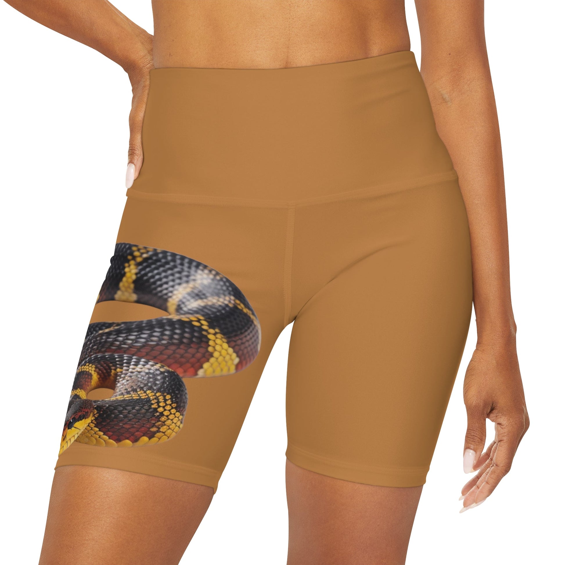 High Waisted Red Yoga Shorts (AOP) Brown Color with a Snake design - JennyCool