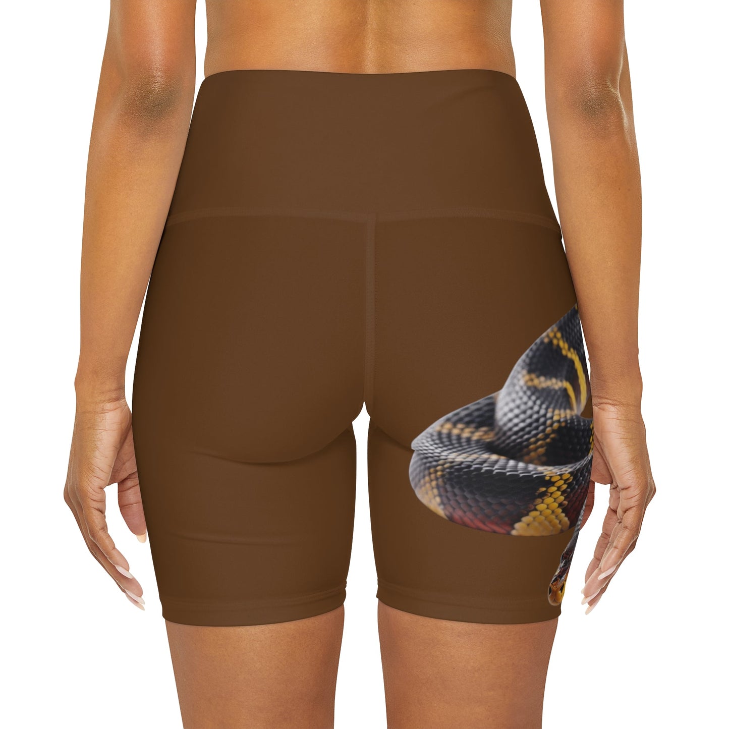 High Waisted Red Yoga Shorts (AOP) Brown Color with a Snake design - JennyCool