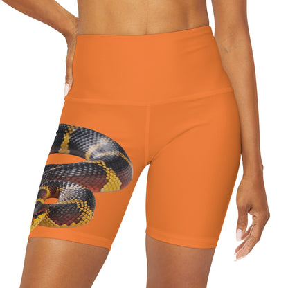 High Waisted Red Yoga Shorts (AOP) Crusta Color with a Snake design - JennyCool