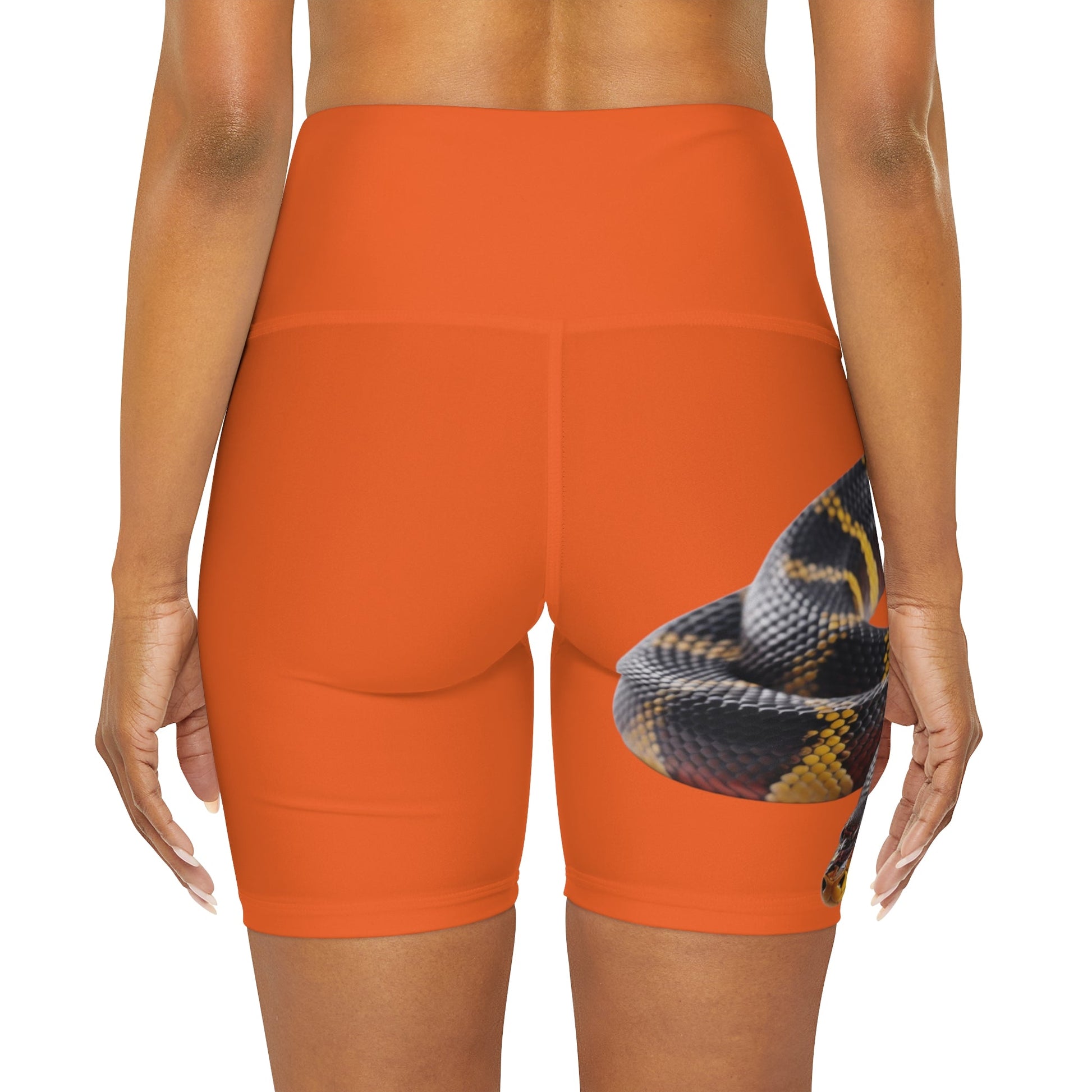 High Waisted Red Yoga Shorts (AOP) Orange Color with a Snake design - JennyCool