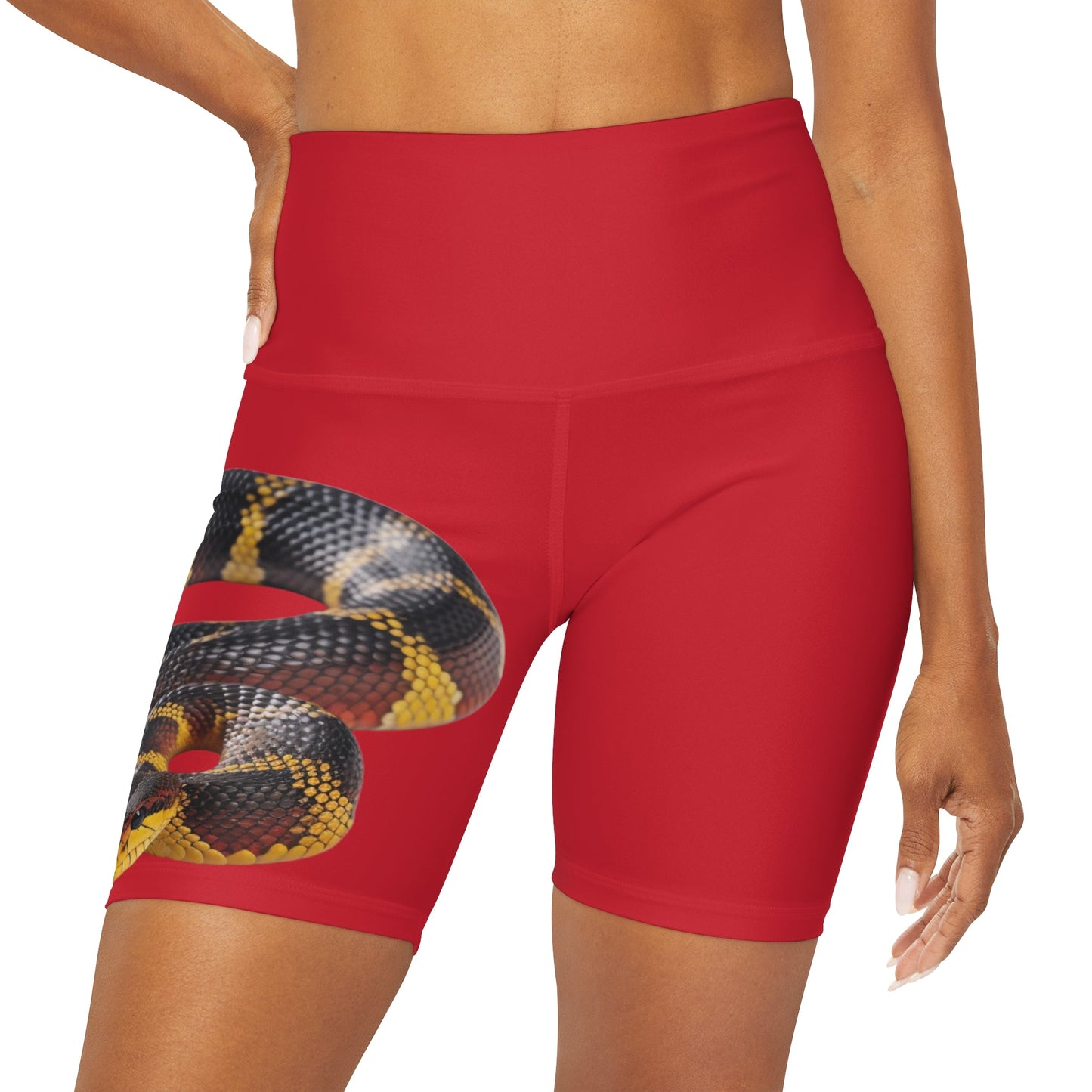 High Waisted Red Yoga Shorts (AOP) with a Snake design - JennyCool
