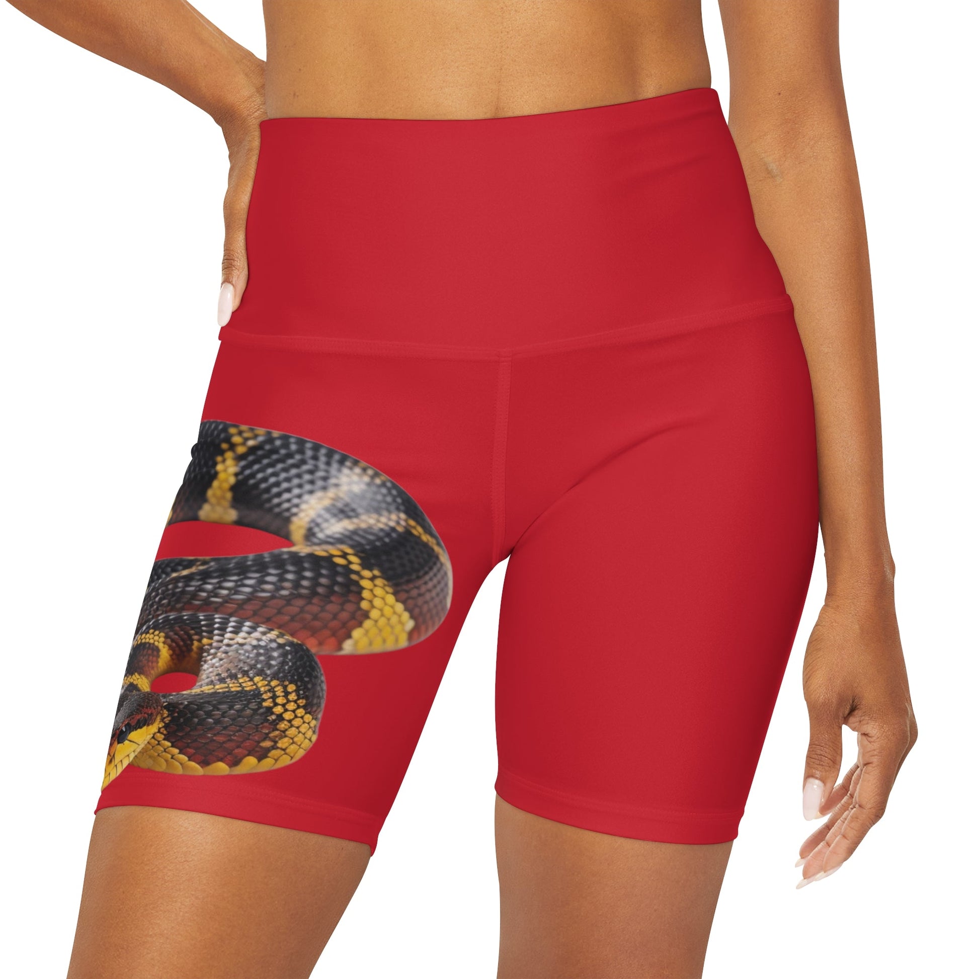 High Waisted Red Yoga Shorts (AOP) with a Snake design - JennyCool