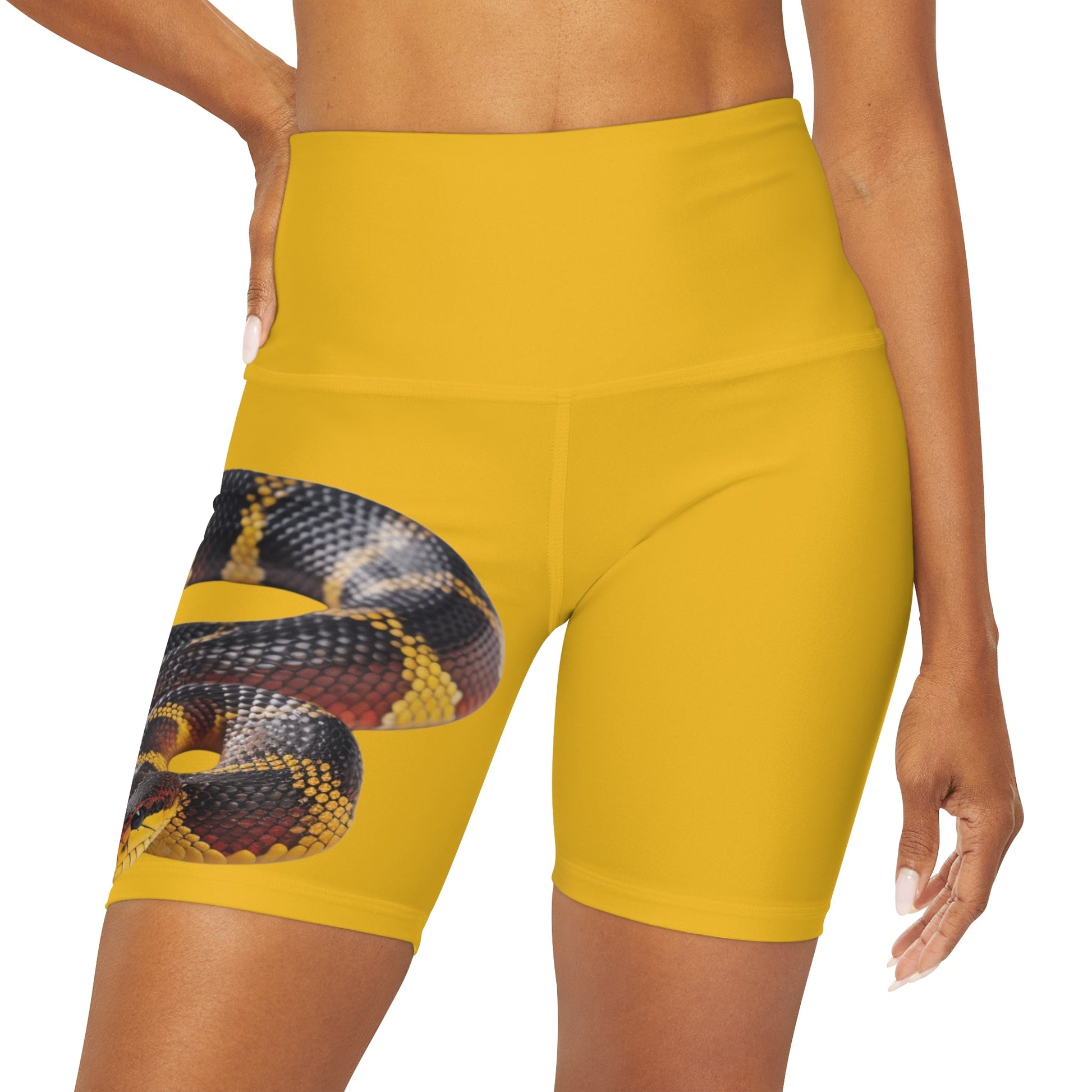 High Waisted Red Yoga Shorts (AOP) Yellow Color with a Snake design - JennyCool