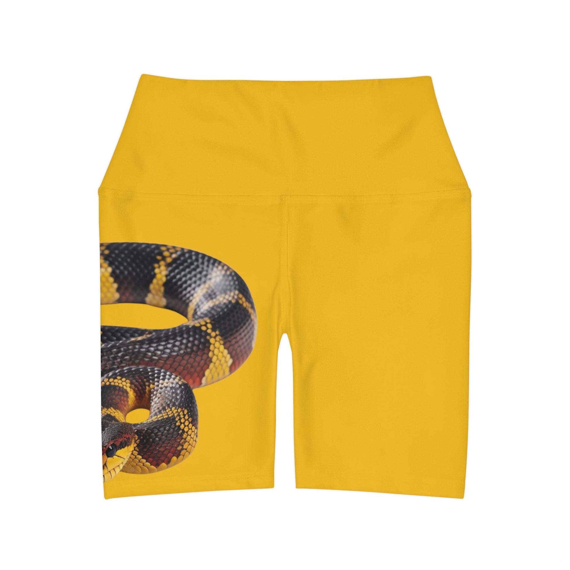 High Waisted Red Yoga Shorts (AOP) Yellow Color with a Snake design - JennyCool