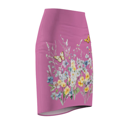 Light Pink Women's Pencil Skirt (AOP) with Spring Flowers and Butterfly - JennyCool