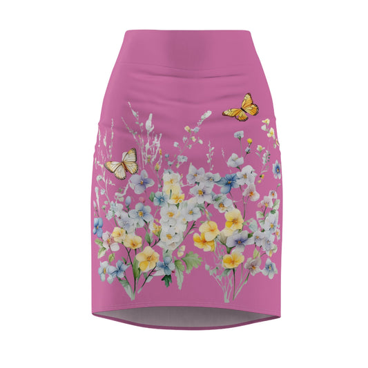 Light Pink Women's Pencil Skirt (AOP) with Spring Flowers and Butterfly - JennyCool