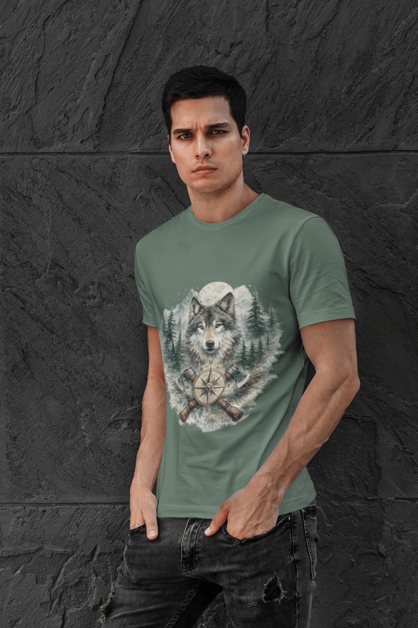Lunar Wolf Compass Graphic T-Shirt – Vintage Wilderness Adventure Tee - JennyCool