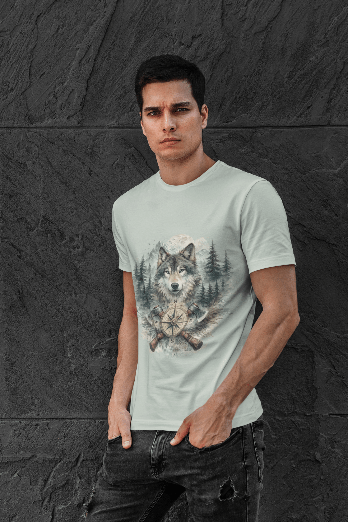 Lunar Wolf Compass Graphic T-Shirt – Vintage Wilderness Adventure Tee - JennyCool