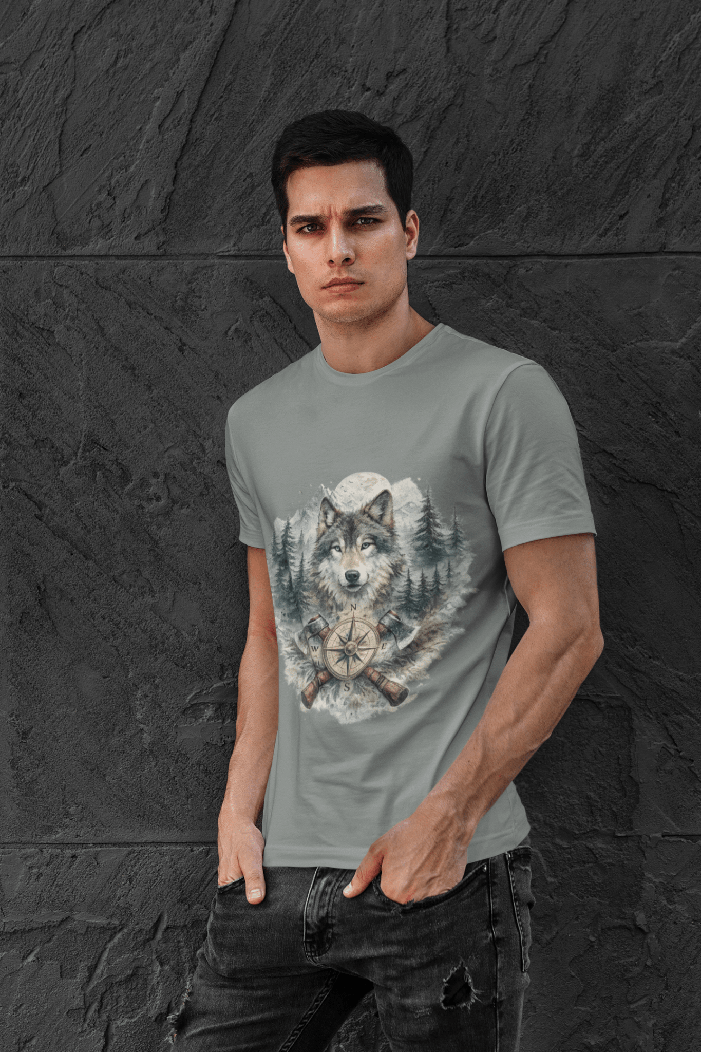 Lunar Wolf Compass Graphic T-Shirt – Vintage Wilderness Adventure Tee - JennyCool