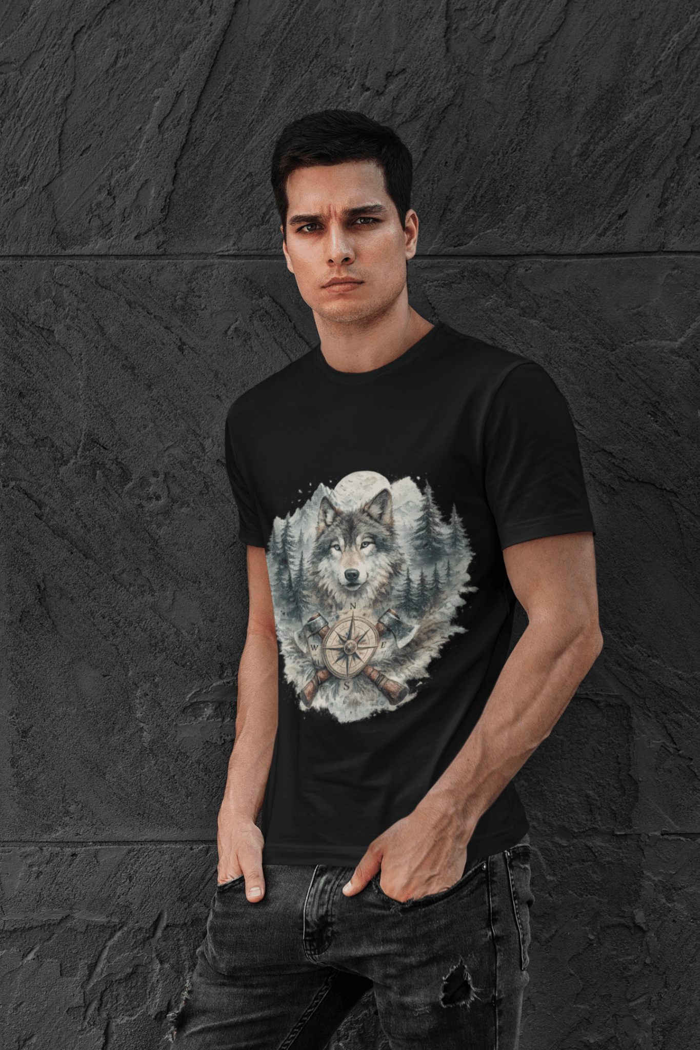 Lunar Wolf Compass Graphic T-Shirt – Vintage Wilderness Adventure Tee - JennyCool