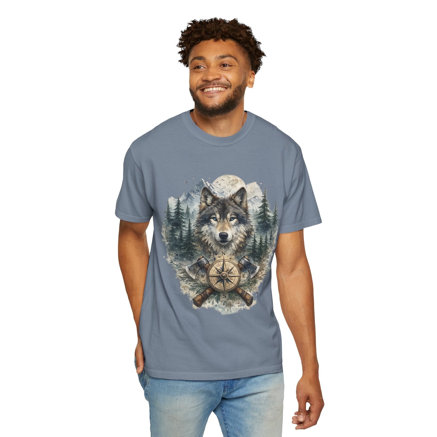 Lunar Wolf Compass Graphic T-Shirt – Vintage Wilderness Adventure Tee - JennyCool