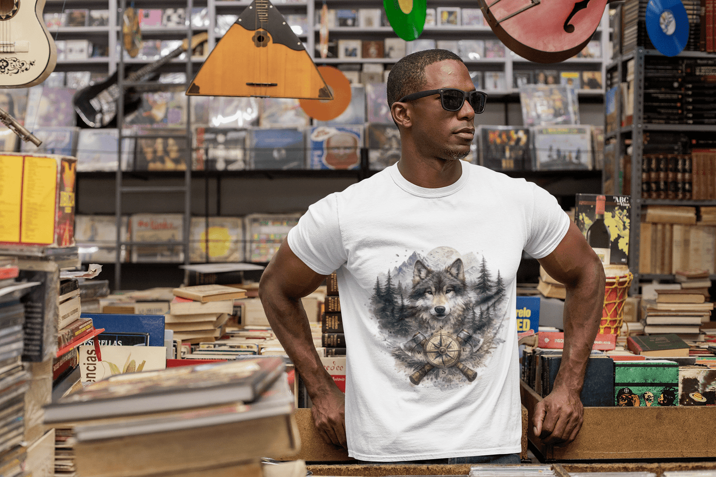 Lunar Wolf Compass Graphic T-Shirt – Vintage Wilderness Adventure Tee - JennyCool