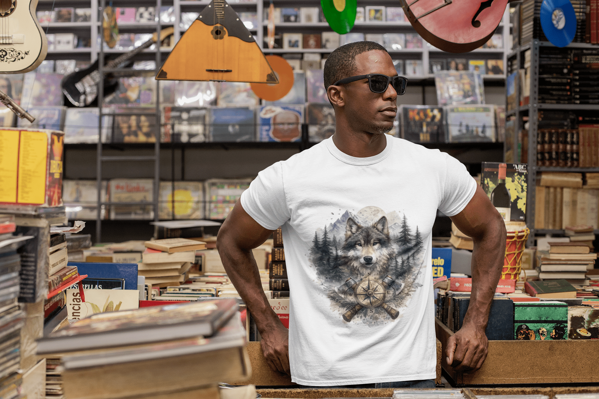 Lunar Wolf Compass Graphic T-Shirt – Vintage Wilderness Adventure Tee - JennyCool
