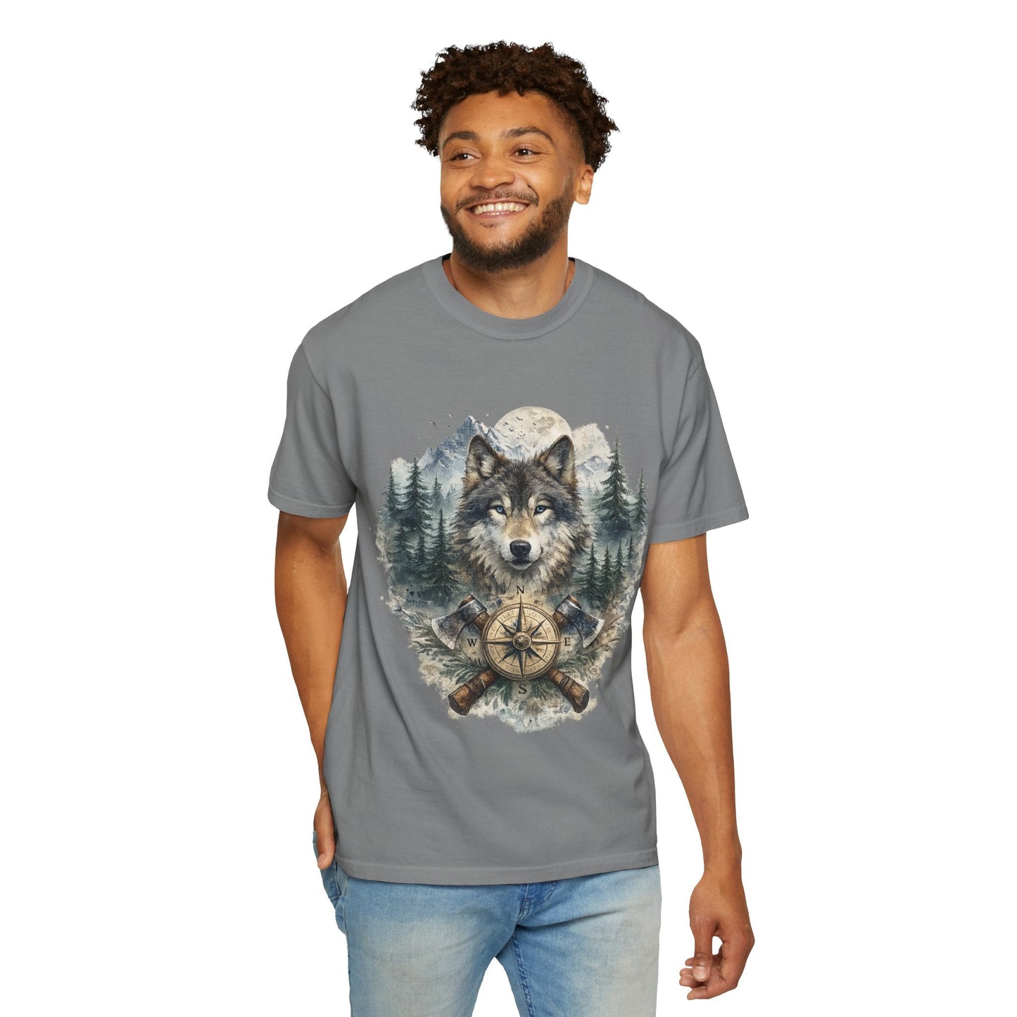 Lunar Wolf Compass Graphic T-Shirt – Vintage Wilderness Adventure Tee - JennyCool